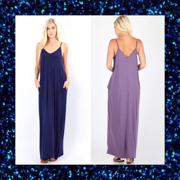 LAST 1🆕 Navy Blue V-Neck Maxi Dress w/Pockets - Picture 3 of 5